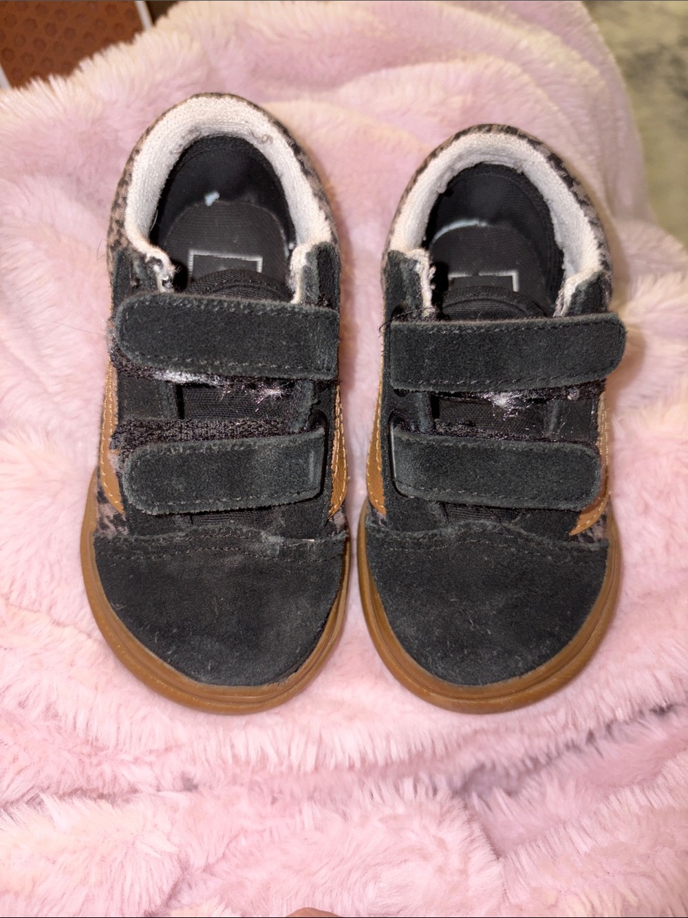 Vans Kids Black Suede Velcro Sneakers with Brown Soles